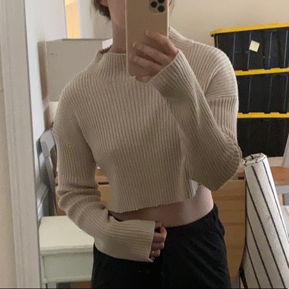 Sweaters - Moving Sale! Beige Raw Hem Crop Mockneck